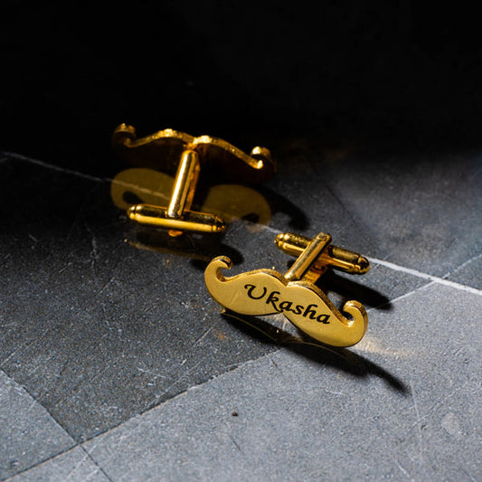 Mustache Name Engraved Cufflinks / yellow & white Color